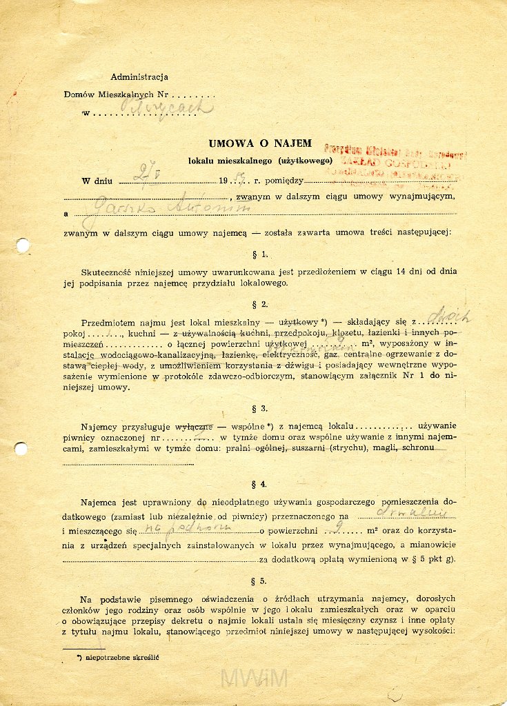 KKE 5877-1.jpg - Dok. Umowa Najmu Lokalu między Antonim Graszko a Prezydium Miejskiej Rady Narodowej - Zakładem Gospodarki Komunalno-Mieszkaniowej, Pełczyce, 27 V 1959 r. Do umowy został dołączony protkół zdawczo-odbiorczy mieszkania, Pełczyce, 27 V 1959 r.